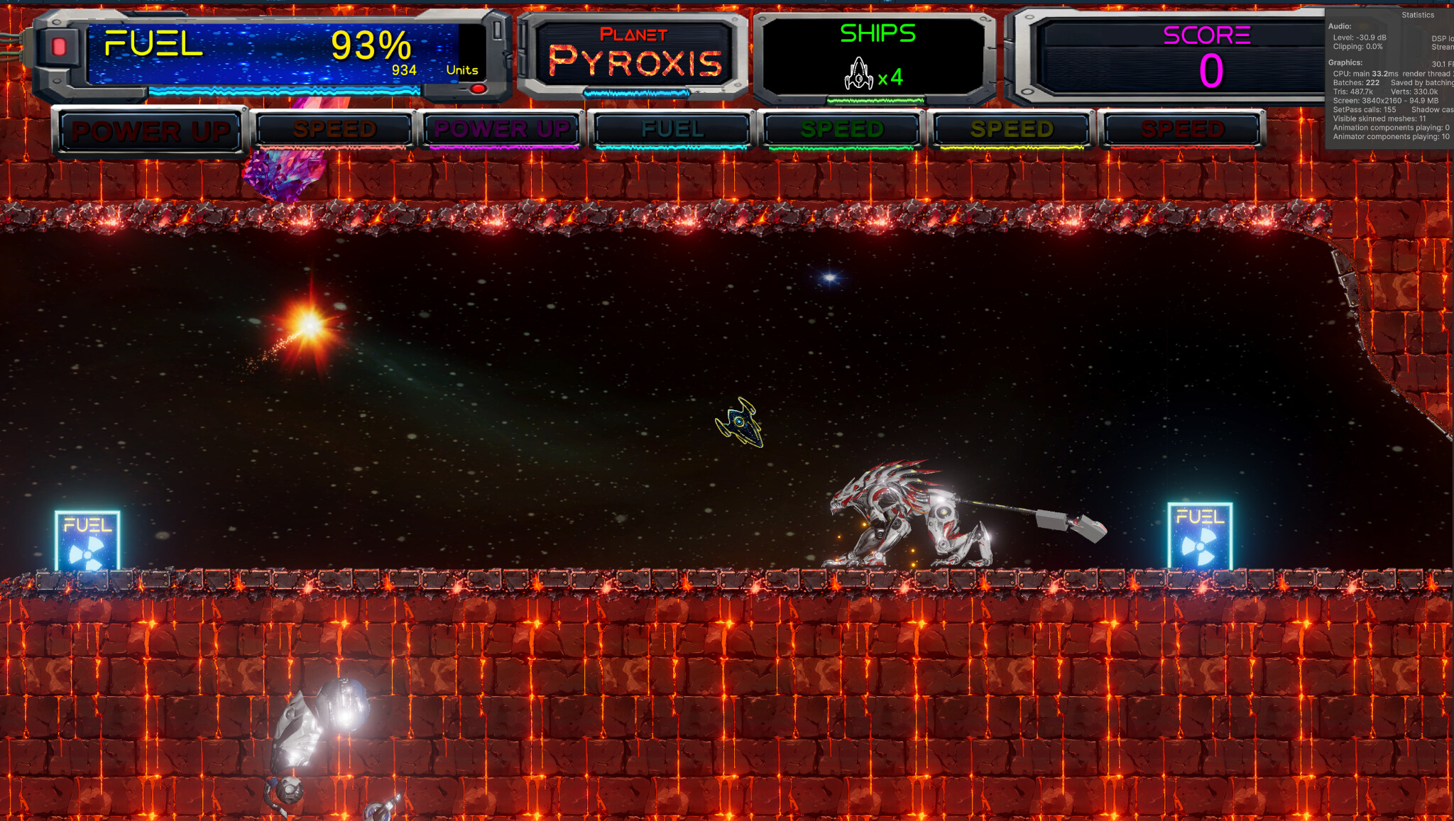 Thrust 2050 Level 4 silver robotic mech patrolling between fuel stations on Planet Pyroxis
